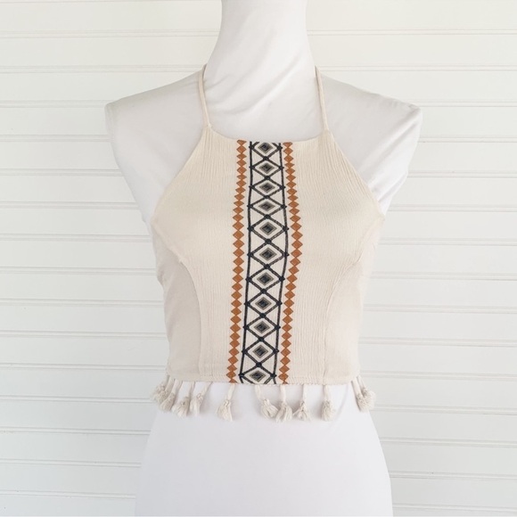 Cream and Red Embellished Crop Tank Top - Picture 1 of 7